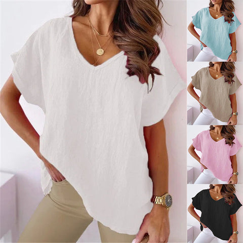 Women's Solid Color Cotton And Linen Short-sleeved V-neck Top