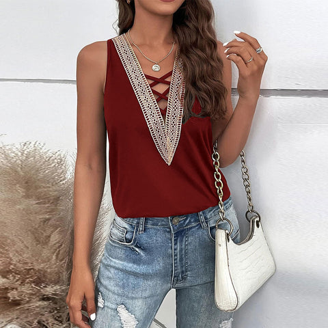 Lace V-Neck Solid Color Sleeveless Top