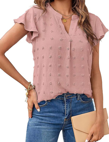 Women V Neck Ruffle Short Sleeve Blouse