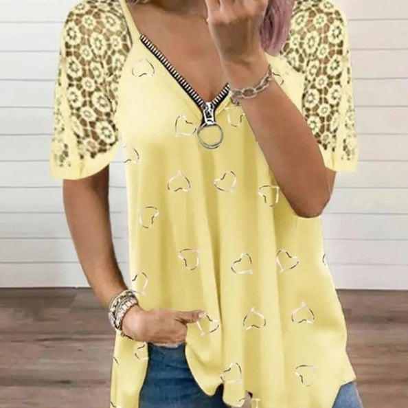 Women's Heart-shaped Pattern Lace Zipper Design Top