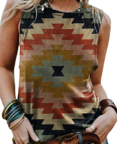 Retro Print Round Neck Short Sleeve Women's Top