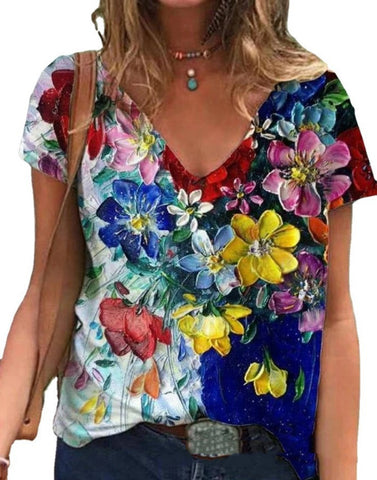 Flowers & Butterfly Short-sleeved V-neck Top