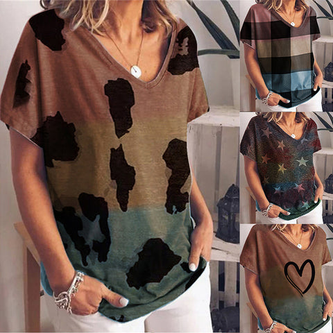 New Gradient Color Printed Short-Sleeved Loose Women's Top