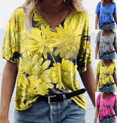 Chrysanthemum Flower Print V-neck Short-sleeved Casual And Comfortable Loose Top