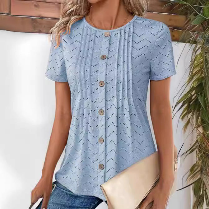 Women's Solid Color Hollowed-out Pleated Button Round Neck Top