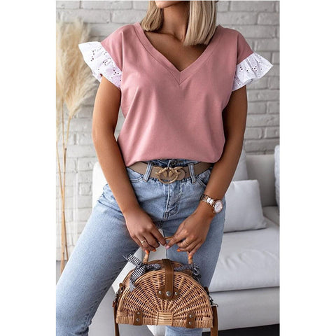 Women's Loose Top V-neck Solid Color Short-sleeved Top