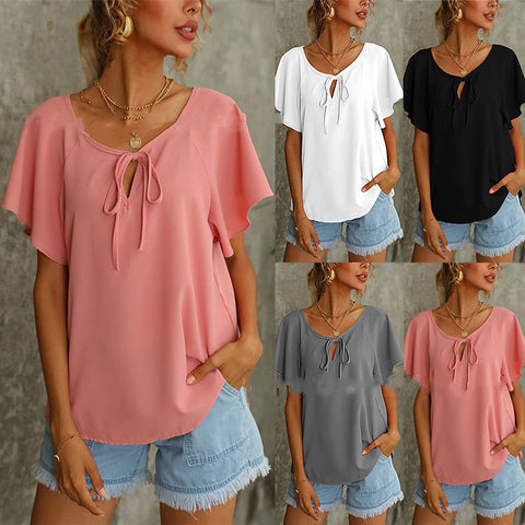 Women's Short Sleeve Fashion Solid Color V-Neck Top