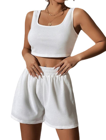 Knitted Square Neck Top with Elastic Shorts Solid Color 2Pcs Sets