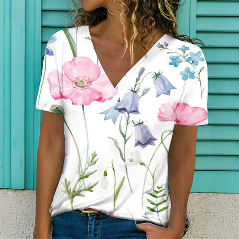 Floral Print Casual Short Sleeve V-Neck Pullover Top