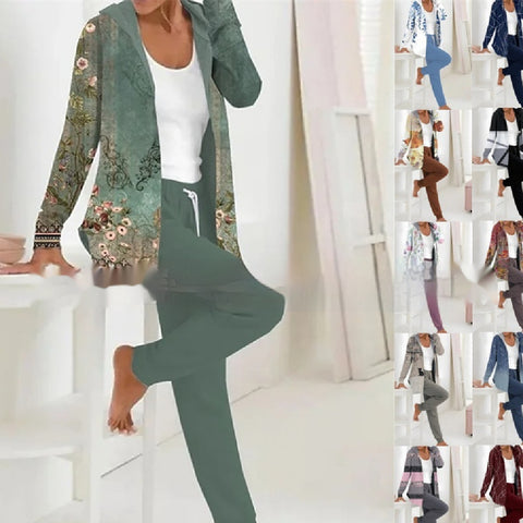 Jacket Print with Solid Color Pants Two-piece Set