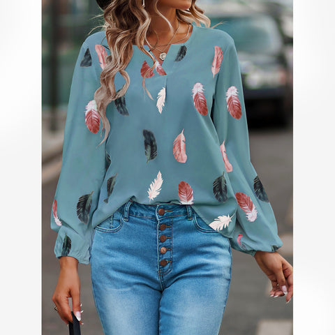 Women's Leaf Pattern Long-Sleeve Top