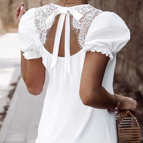 Casual Lace Stitching Tied Puff Sleeve Top