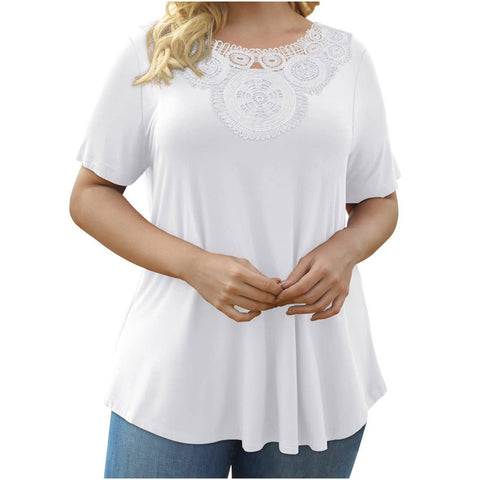 Women's Plus Size Short Sleeve Pullover Lace Pleated Top