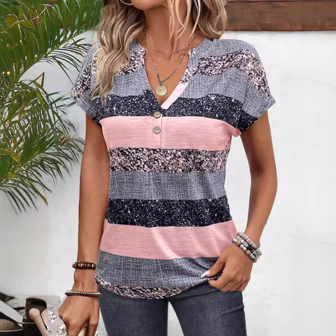 Short Sleeve Striped V-neck Casual Top