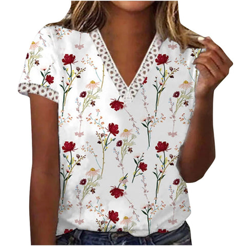 Flower Print V Neck Short Sleeve Top