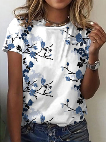 Floral Print Round Neck Short-sleeved T-shirt