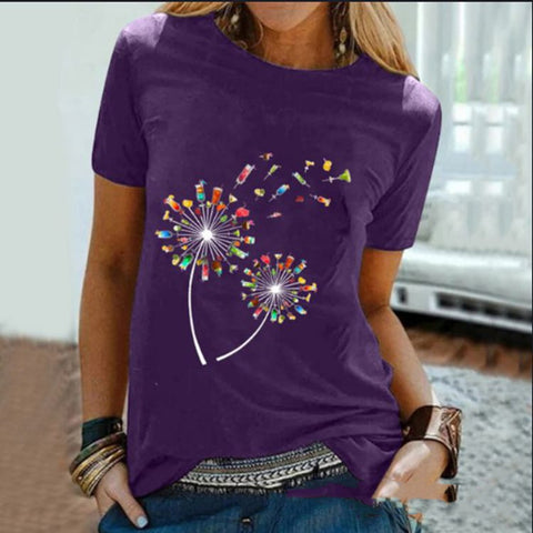 Wine Glass Dandelion Print Round Neck Short Sleeve Top