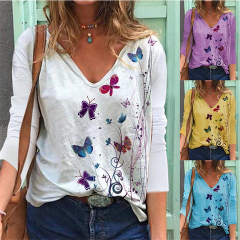 Butterfly Printed Long Sleeve V-neck Top For Women