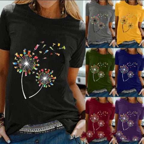 Wine Glass Dandelion Print Round Neck Short Sleeve Top