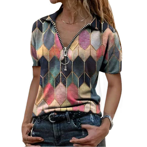 Geometric Diamond Print Zipper Front Short-sleeved Top