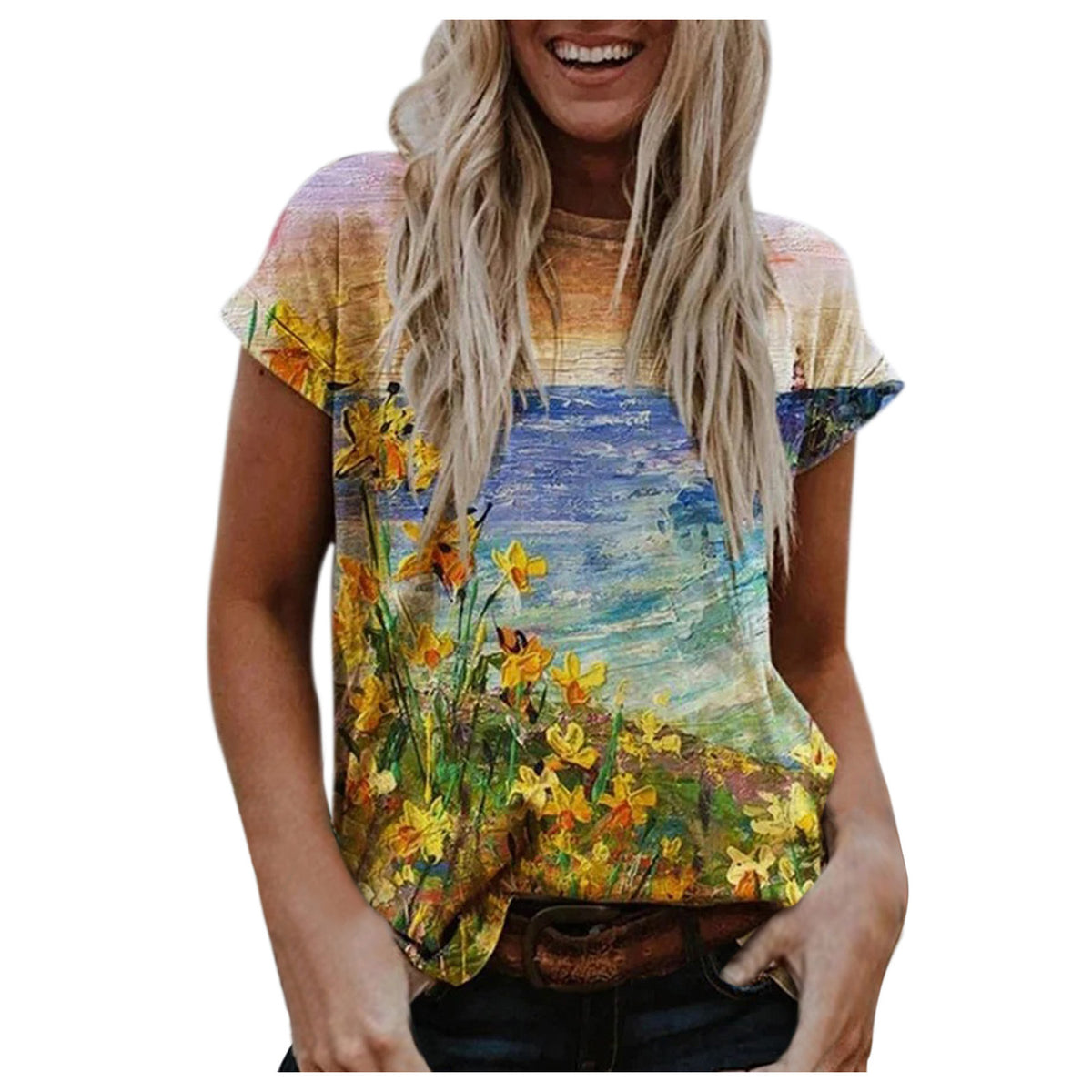 Multi Color Loose Fit Short-sleeved Women's Top