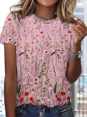 Loose Round Neck Short Sleeve Floral Printed Top