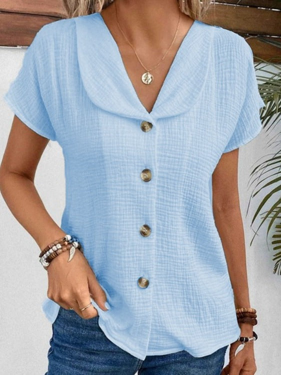 Solid Color Fashion Short Sleeve Cardigan Button Women's Top