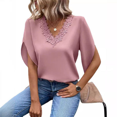 Lace V-neck Flared Sleeves Loose Shirt