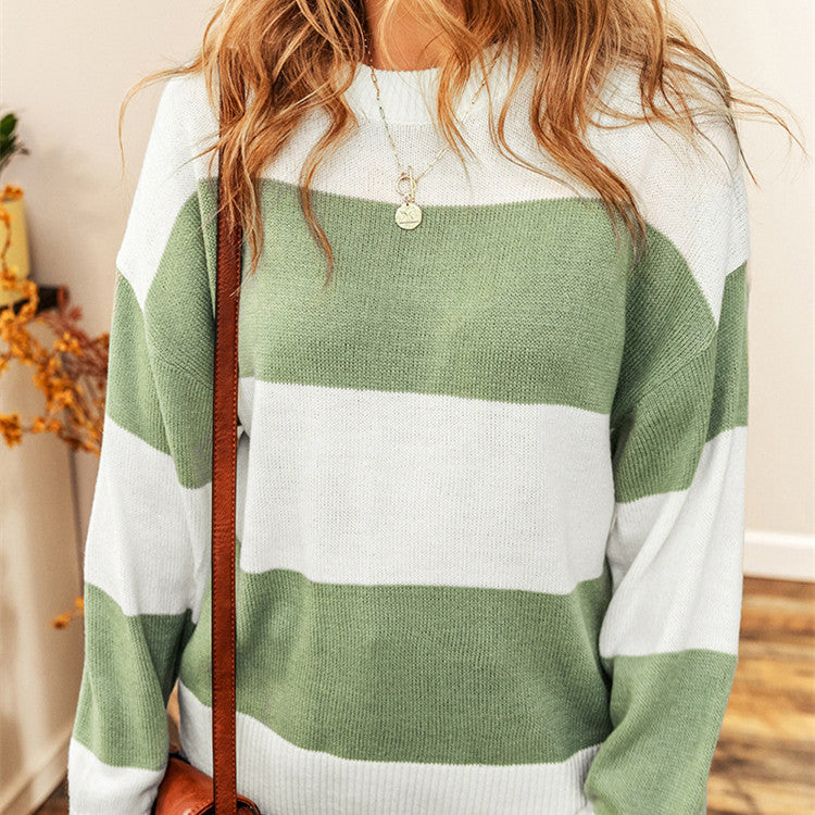 Simple Wide Striped Round Neck Contrast Color Long-sleeved Top