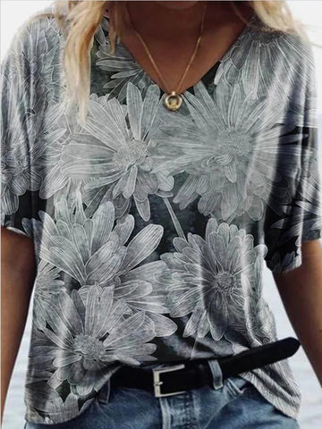 Chrysanthemum Flower Print V-neck Short-sleeved Casual And Comfortable Loose Top