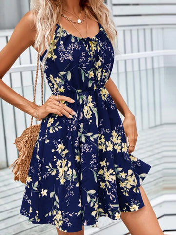 Floral Print Suspender Dress With Elastic Waist Summer Dress