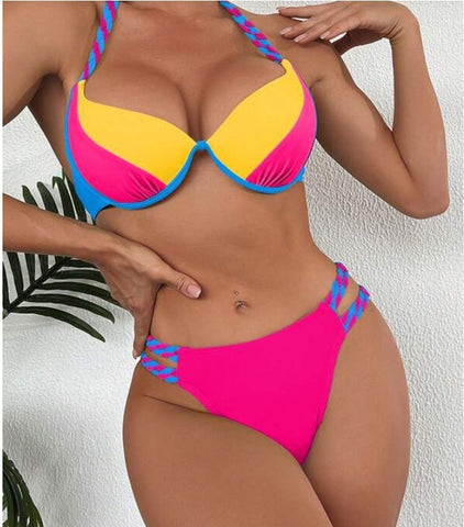 Women's Color Matching Triangle High Waist Bikini Swimsuit Two-piece