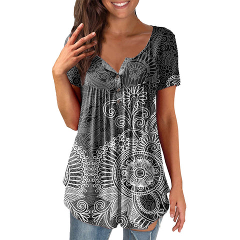 Printed Ruffled Tunic Pullover Short Sleeve