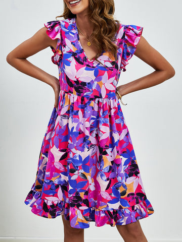 Leaf Print V-neck Ruffled Sleeveless A-Line Dress