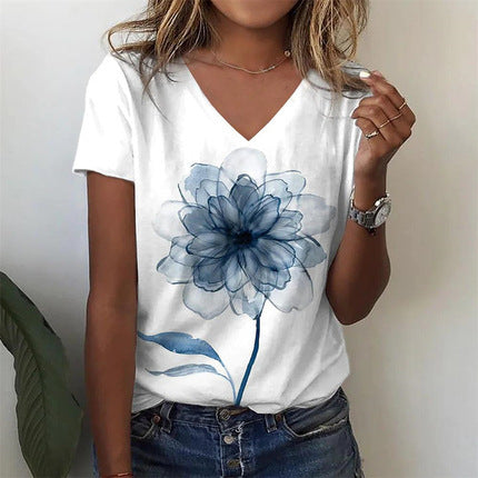 Fashion Butterfly Print V-neck Short Sleeve Top