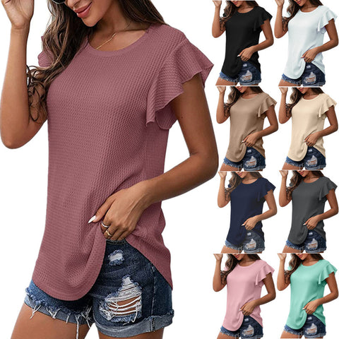 Waffle Solid Color Short Sleeve Round Neck Ruffle Sleeve Top