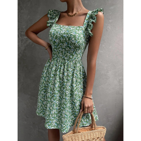 Summer Square-neck Ruffled Sleeveless Dress With Bow-tie Backless Design, Casual Holiday Beach Dress