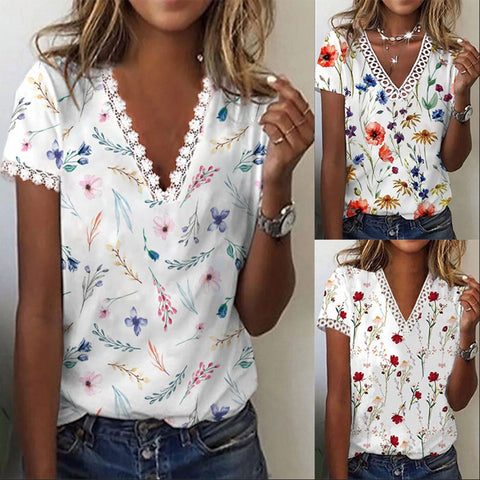 Flower Print V Neck Short Sleeve Top