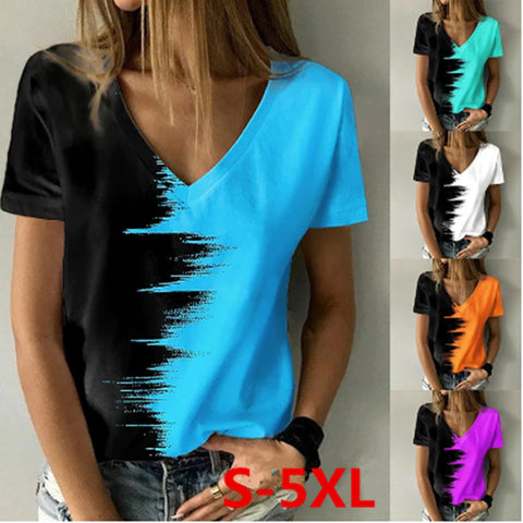 Two Color Print V-Neck Short Sleeve T-Shirt Top