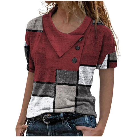 Multi Color Cross Neck Button Short Sleeve Top