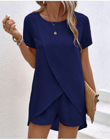 Solid Color Women's Top and Shorts Set