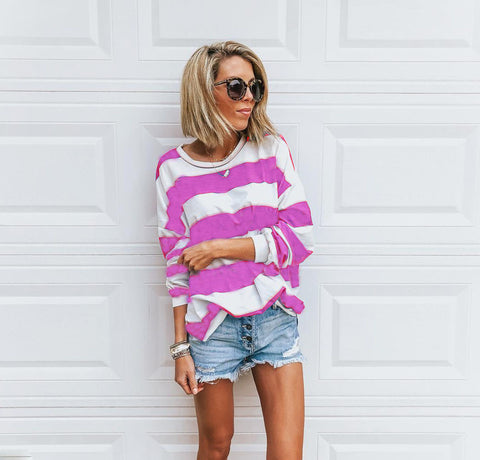 Women's Loose Round Neck Long Sleeve Printed Striped Top