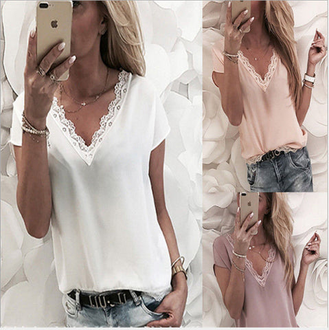 V-Neck Lace Hem Lace Short Sleeve Top