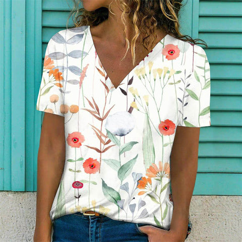 Floral Print Casual Short Sleeve V-Neck Pullover Top