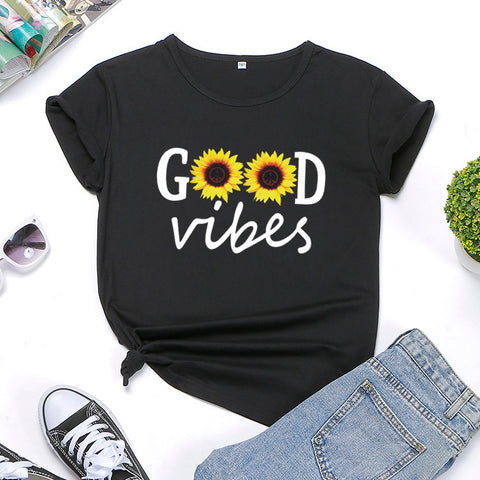 Good Vibes Sunflower Print Short Sleeve T-Shirt Top