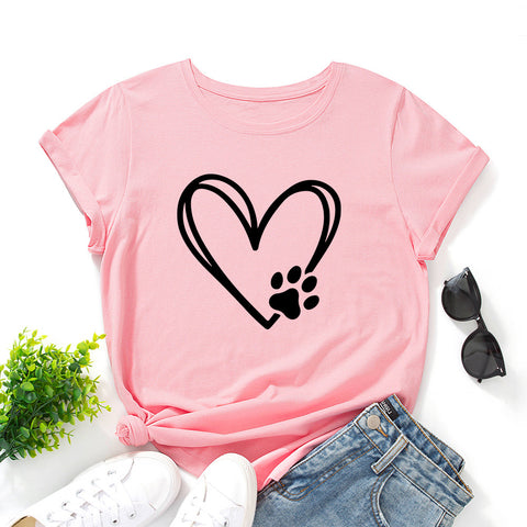 Women's Loose Round Neck Short Sleeve T-shirt With Heart-shaped Paw Print