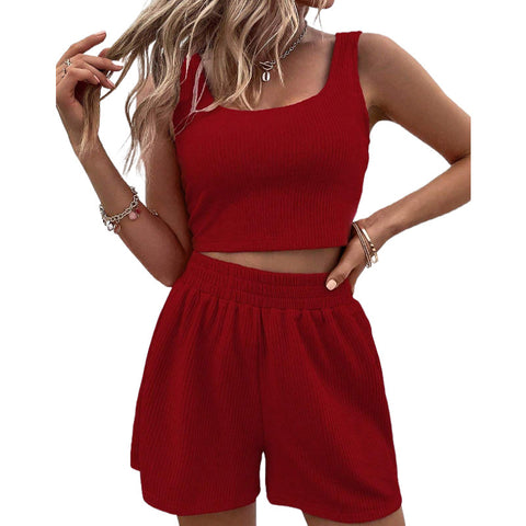 Knitted Square Neck Top with Elastic Shorts Solid Color 2Pcs Sets