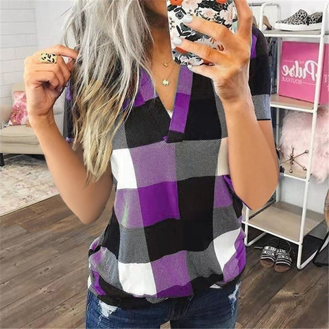 Plaid Printed V-Neck Short-Sleeved Top