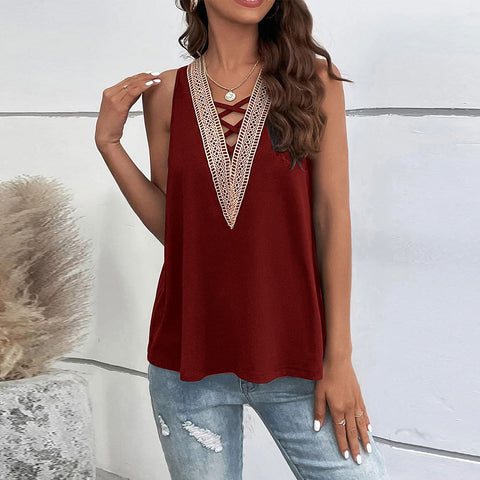 Lace V-Neck Solid Color Sleeveless Top