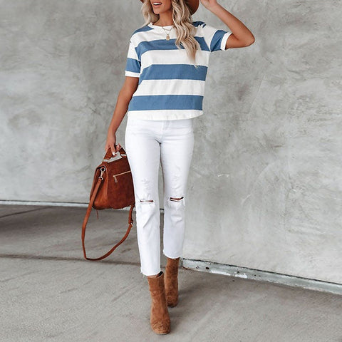 Women's Striped Round Neck Short Sleeve Top